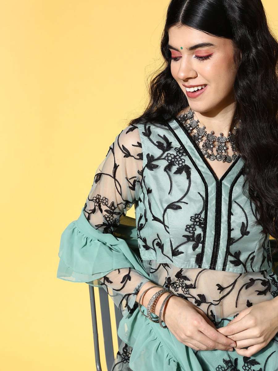 Ethnic Motifs Net Sheer Kurta Set - Inddus.com