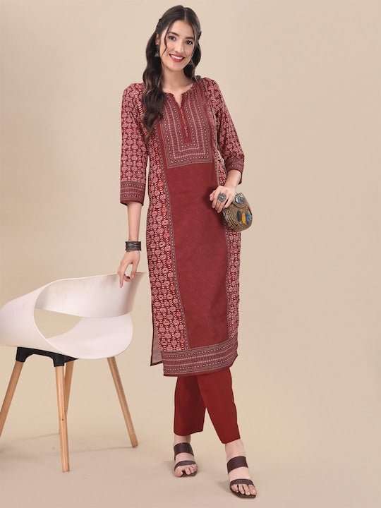 Ethnic Motifs Printed Pure Cotton Kurta with Trousers - Inddus.com
