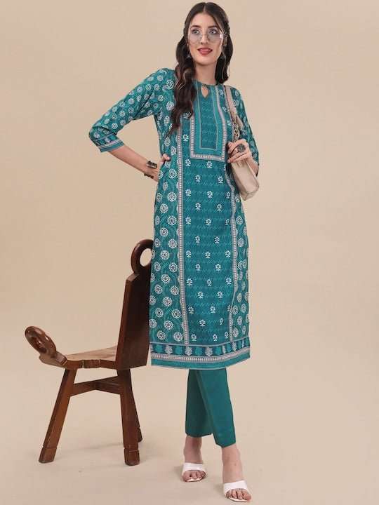 Ethnic Motifs Printed Straight Pure Cotton Kurta with Trousers - Inddus.com