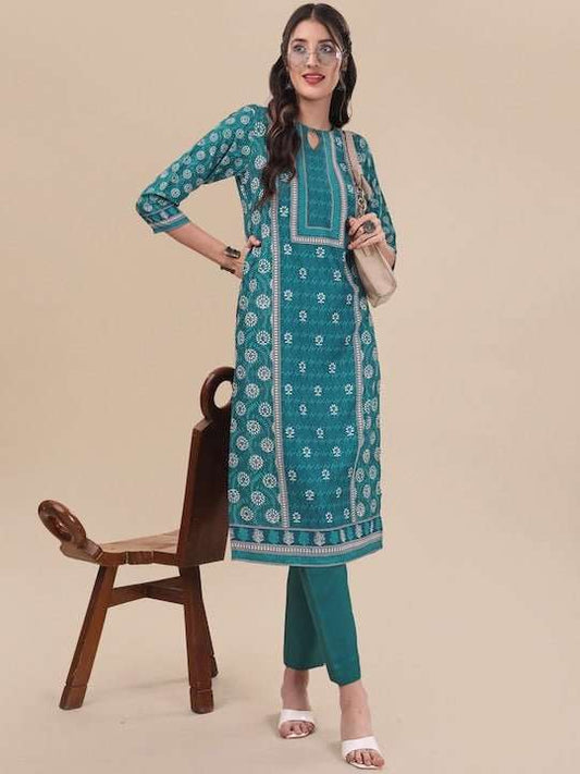 Ethnic Motifs Printed Straight Pure Cotton Kurta with Trousers - Inddus.com