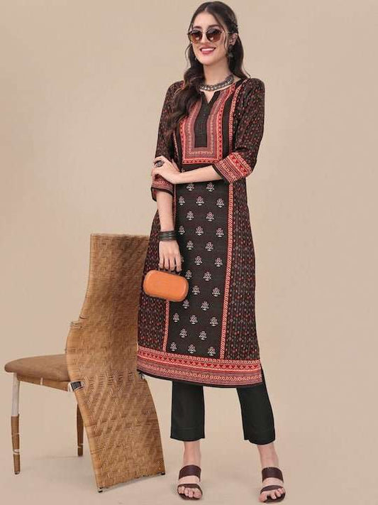 Ethnic Motifs Printed Straight Pure Cotton Kurta With Trousers - Inddus.com