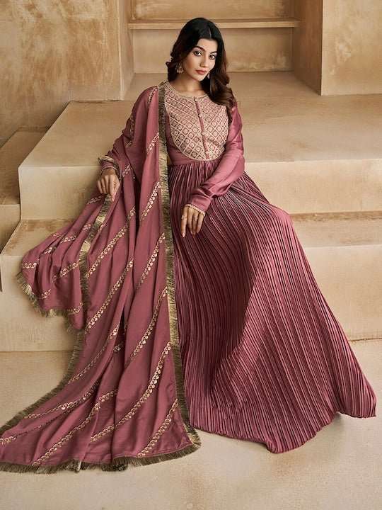 Ethnic Motifs Sequinned Embroidered Pleated Kurta With Dupatta - Inddus.com