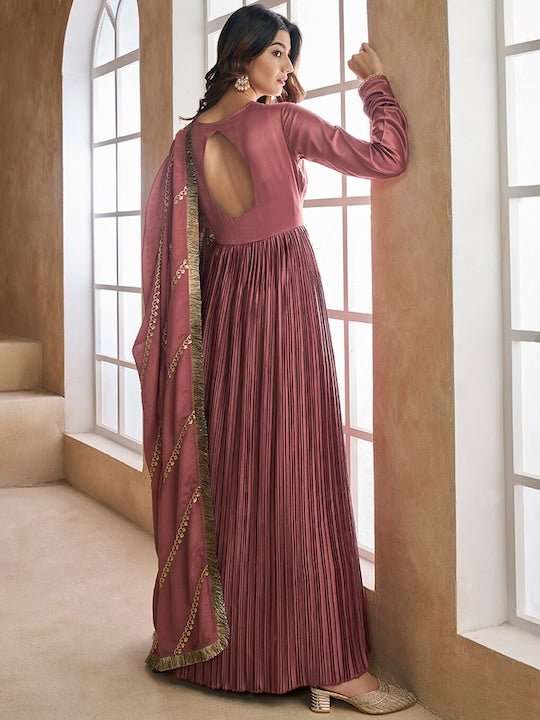 Ethnic Motifs Sequinned Embroidered Pleated Kurta With Dupatta - Inddus.com