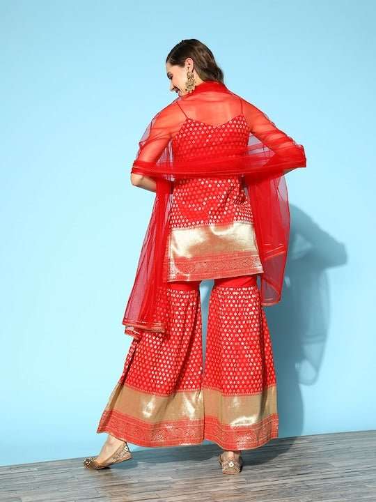 Ethnic Motifs Straight Kurti With Sharara & With Dupatta - Inddus.com