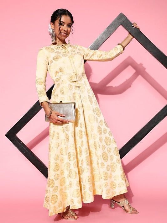 Ethnic Motifs Tie-Up Neck Maxi Dress - Inddus.com