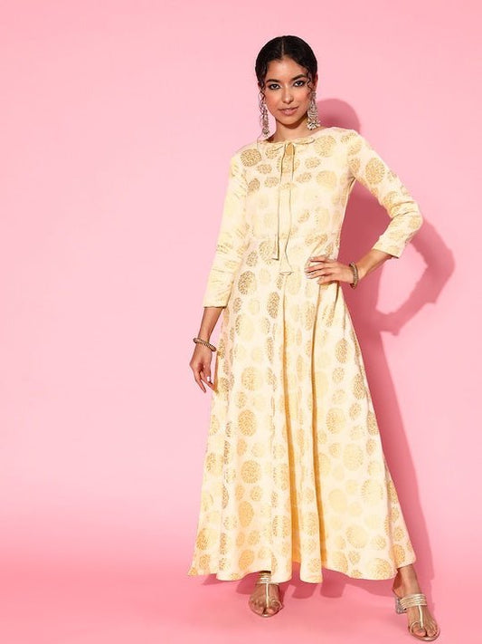 Ethnic Motifs Tie-Up Neck Maxi Dress - Inddus.com