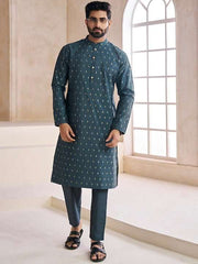 Ethnic Motifs Woven Design Mandarin Collar Kurta with Trousers - Inddus.com