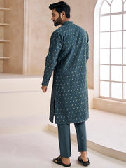 Ethnic Motifs Woven Design Mandarin Collar Kurta with Trousers - Inddus.com