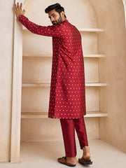 Ethnic Motifs Woven Design Mandarin Collar Kurta with Trousers - Inddus.com