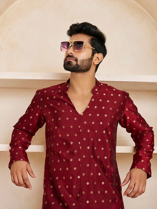 Ethnic Motifs Woven Design Mandarin Collar Kurta with Trousers - Inddus.com