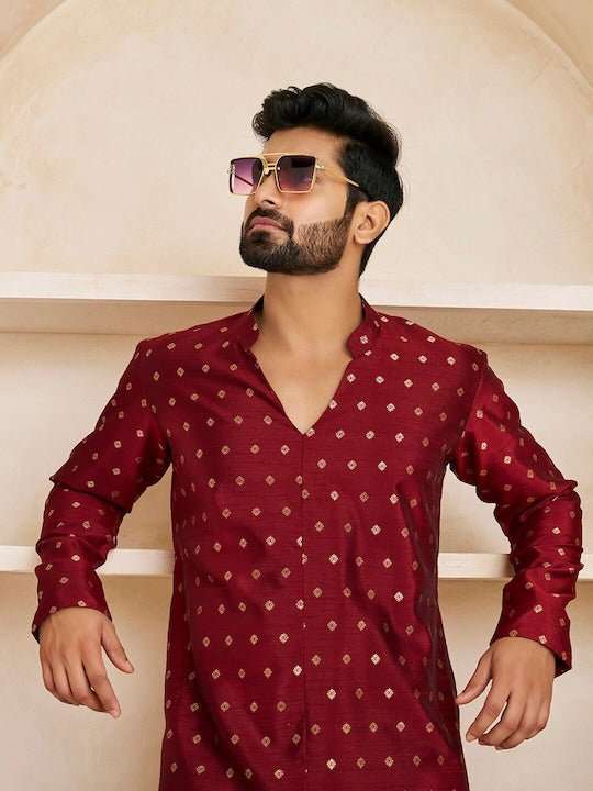 Ethnic Motifs Woven Design Mandarin Collar Kurta with Trousers - Inddus.com