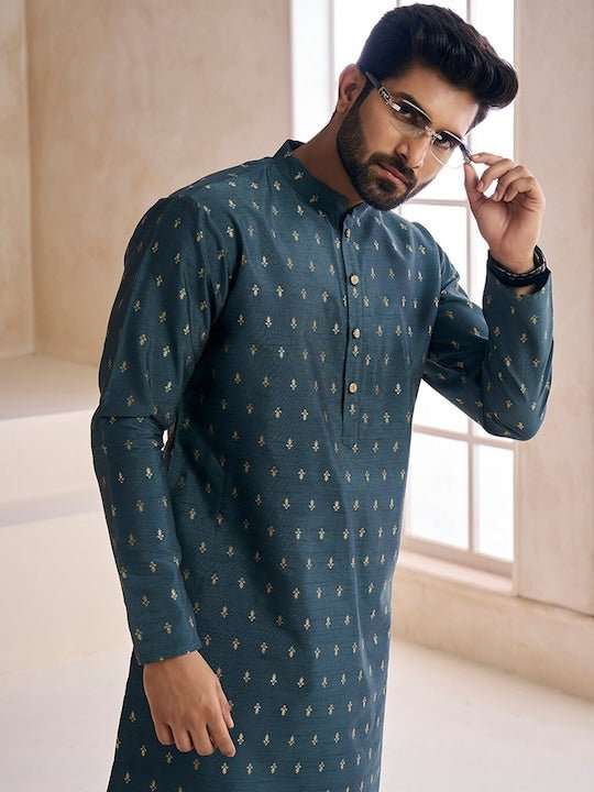 Ethnic Motifs Woven Design Mandarin Collar Kurta with Trousers - Inddus.com