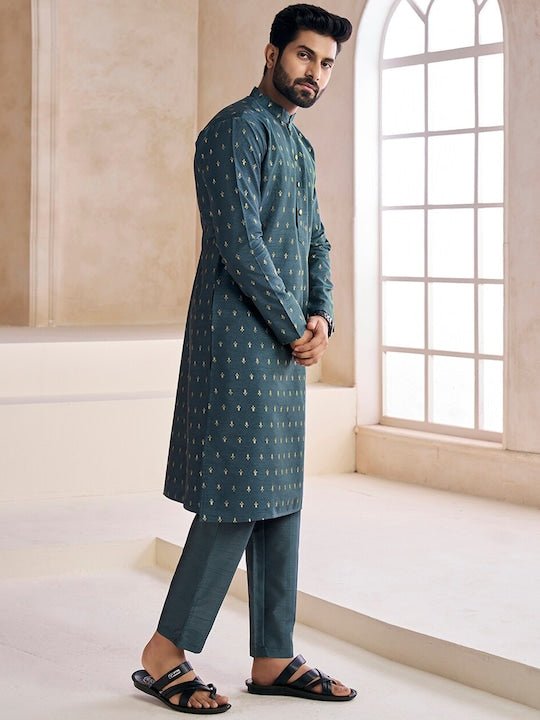 Ethnic Motifs Woven Design Mandarin Collar Kurta with Trousers - Inddus.com