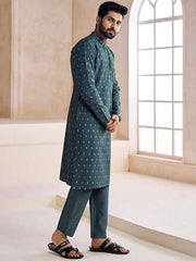 Ethnic Motifs Woven Design Mandarin Collar Kurta with Trousers - Inddus.com