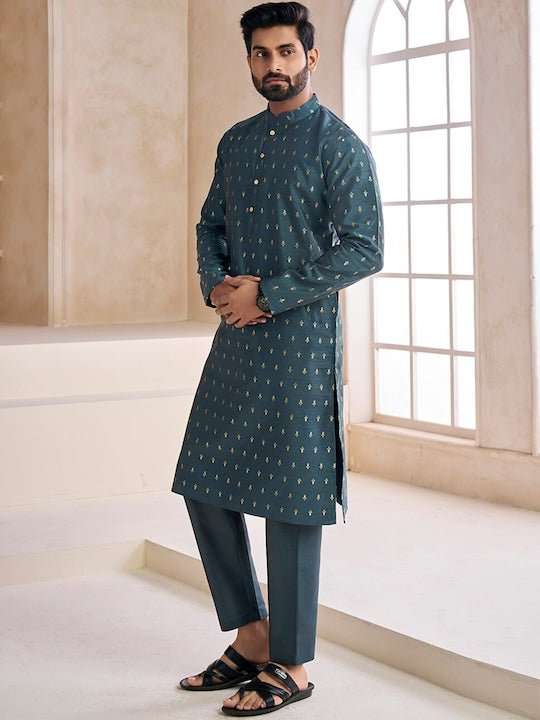 Ethnic Motifs Woven Design Mandarin Collar Kurta with Trousers - Inddus.com
