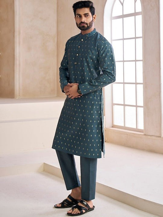 Ethnic Motifs Woven Design Mandarin Collar Kurta with Trousers - Inddus.com