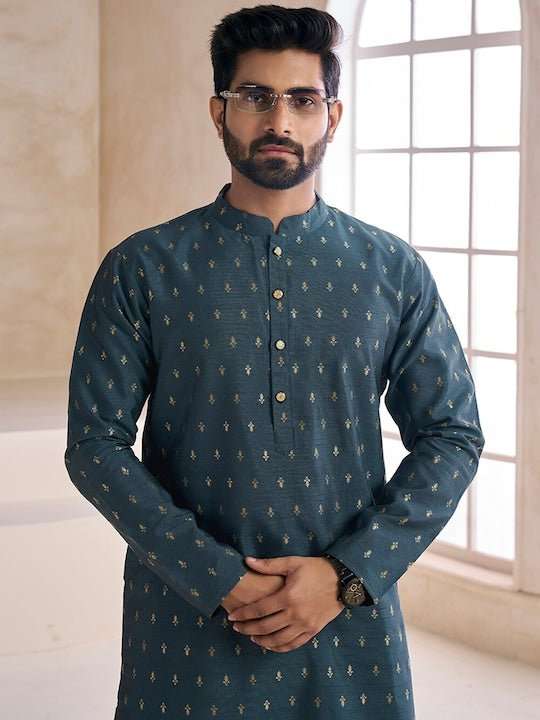 Ethnic Motifs Woven Design Mandarin Collar Kurta with Trousers - Inddus.com