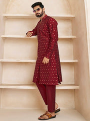 Ethnic Motifs Woven Design Mandarin Collar Kurta with Trousers - Inddus.com