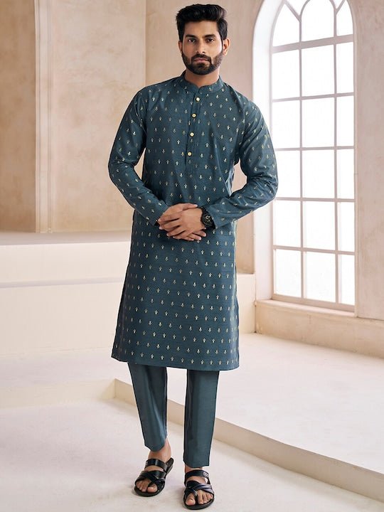Ethnic Motifs Woven Design Mandarin Collar Kurta with Trousers - Inddus.com