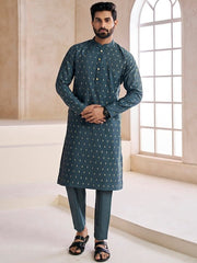 Ethnic Motifs Woven Design Mandarin Collar Kurta with Trousers - Inddus.com