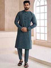 Ethnic Motifs Woven Design Mandarin Collar Kurta with Trousers - Inddus.com