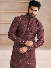 Ethnic Motifs Woven Design Mandarin Collar Straight Kurta With Trousers - Inddus.com