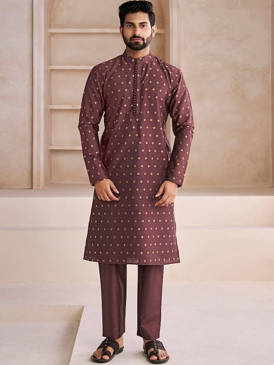 Ethnic Motifs Woven Design Mandarin Collar Straight Kurta With Trousers - Inddus.com