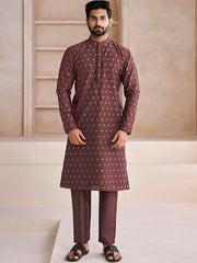Ethnic Motifs Woven Design Mandarin Collar Straight Kurta With Trousers - Inddus.com