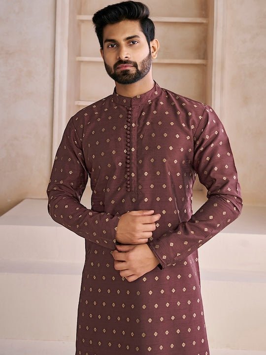 Ethnic Motifs Woven Design Mandarin Collar Straight Kurta With Trousers - Inddus.com