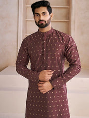 Ethnic Motifs Woven Design Mandarin Collar Straight Kurta With Trousers - Inddus.com