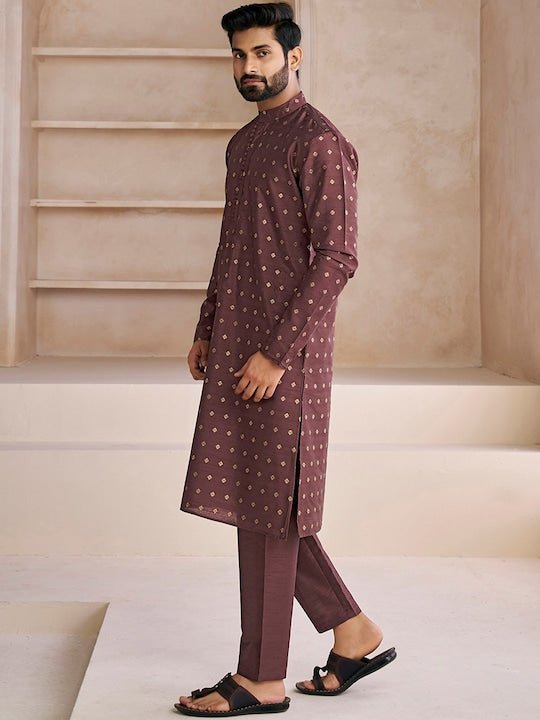 Ethnic Motifs Woven Design Mandarin Collar Straight Kurta With Trousers - Inddus.com