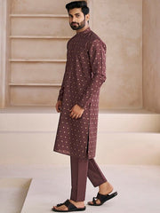 Ethnic Motifs Woven Design Mandarin Collar Straight Kurta With Trousers - Inddus.com