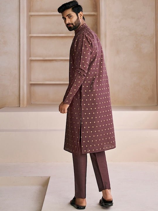 Ethnic Motifs Woven Design Mandarin Collar Straight Kurta With Trousers - Inddus.com