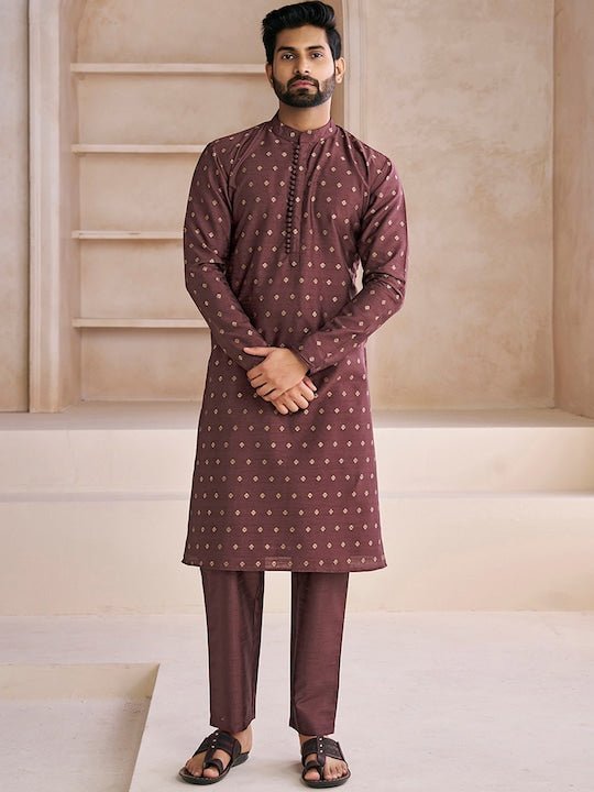 Ethnic Motifs Woven Design Mandarin Collar Straight Kurta With Trousers - Inddus.com