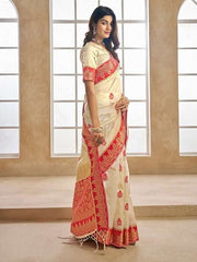 Ethnic Motifs Woven Design Zari Detailed Saree - Inddus.com