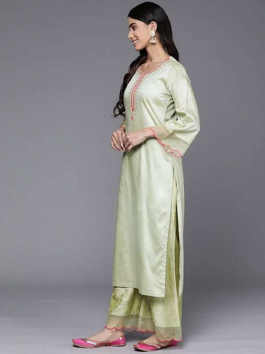 Ethnic Motifs Yoke Design Flared Sleeves Kurta With Palazzos - Inddus.com