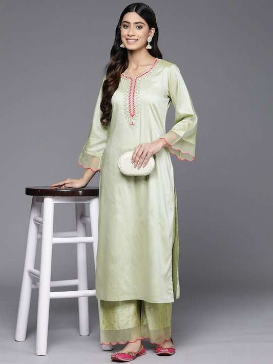 Ethnic Motifs Yoke Design Flared Sleeves Kurta With Palazzos - Inddus.com