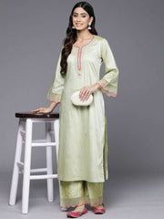 Ethnic Motifs Yoke Design Flared Sleeves Kurta With Palazzos - Inddus.com