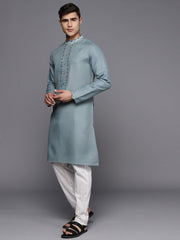 Ethnic Motifs Yoke Design Linen Blend Thread Work Kurta - Inddus.com