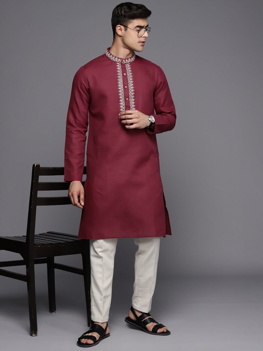 Ethnic Motifs Yoke Design Linen Blend Thread Work Kurta - Inddus.com