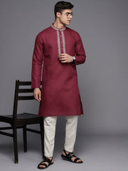 Ethnic Motifs Yoke Design Linen Blend Thread Work Kurta - Inddus.com