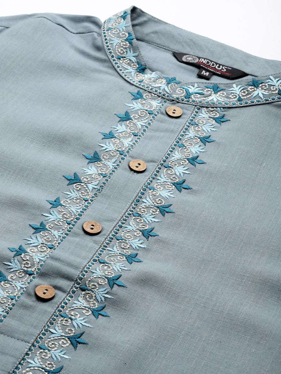 Ethnic Motifs Yoke Design Linen Blend Thread Work Kurta - Inddus.com