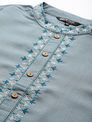 Ethnic Motifs Yoke Design Linen Blend Thread Work Kurta - Inddus.com