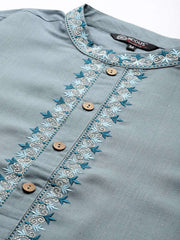 Ethnic Motifs Yoke Design Linen Blend Thread Work Kurta - Inddus.com