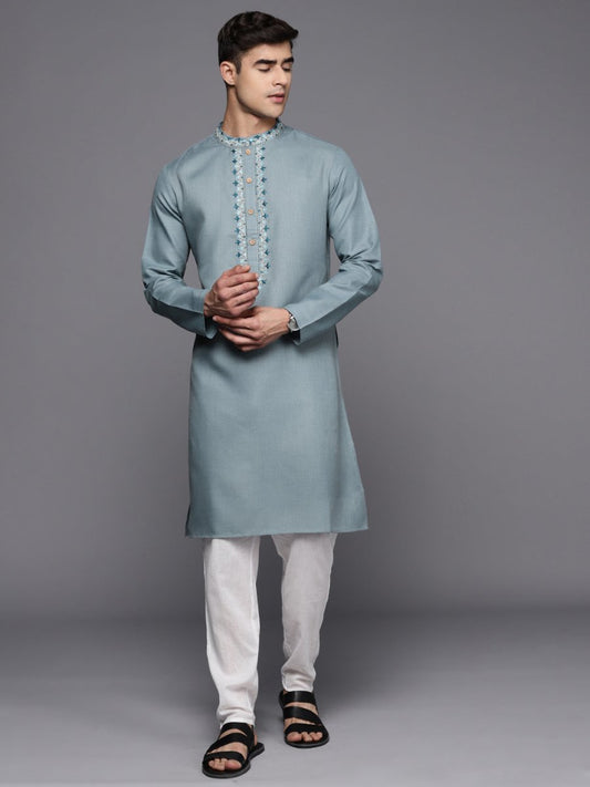 Ethnic Motifs Yoke Design Linen Blend Thread Work Kurta - Inddus.com