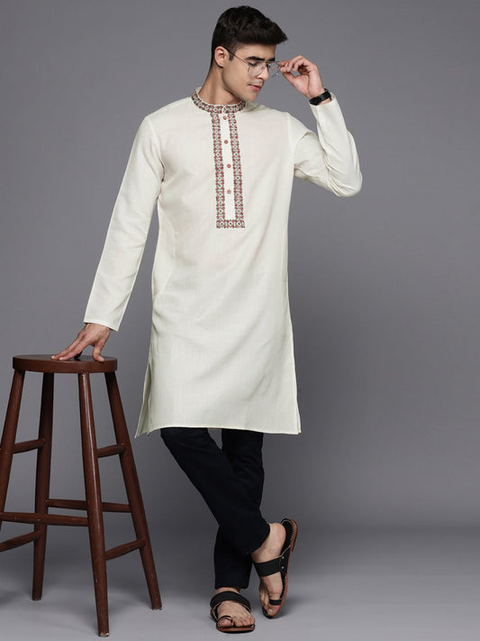 Ethnic Motifs Yoke Design Linen Blend Thread Work Kurta - Inddus.com