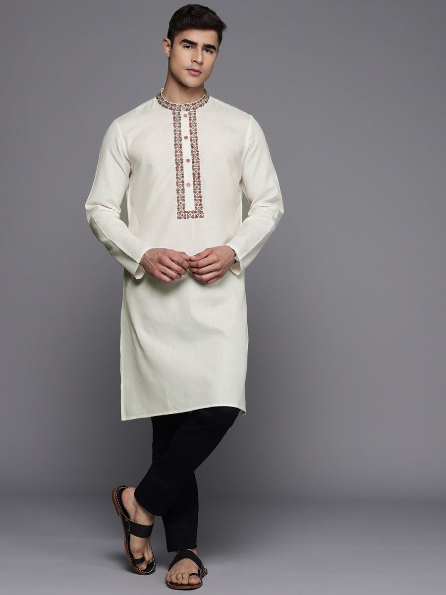 Ethnic Motifs Yoke Design Linen Blend Thread Work Kurta - Inddus.com