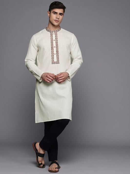 Ethnic Motifs Yoke Design Linen Blend Thread Work Kurta - Inddus.com
