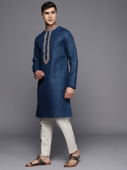 Ethnic Motifs Yoke Design Linen Blend Thread Work Kurta - Inddus.com