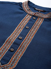 Ethnic Motifs Yoke Design Linen Blend Thread Work Kurta - Inddus.com